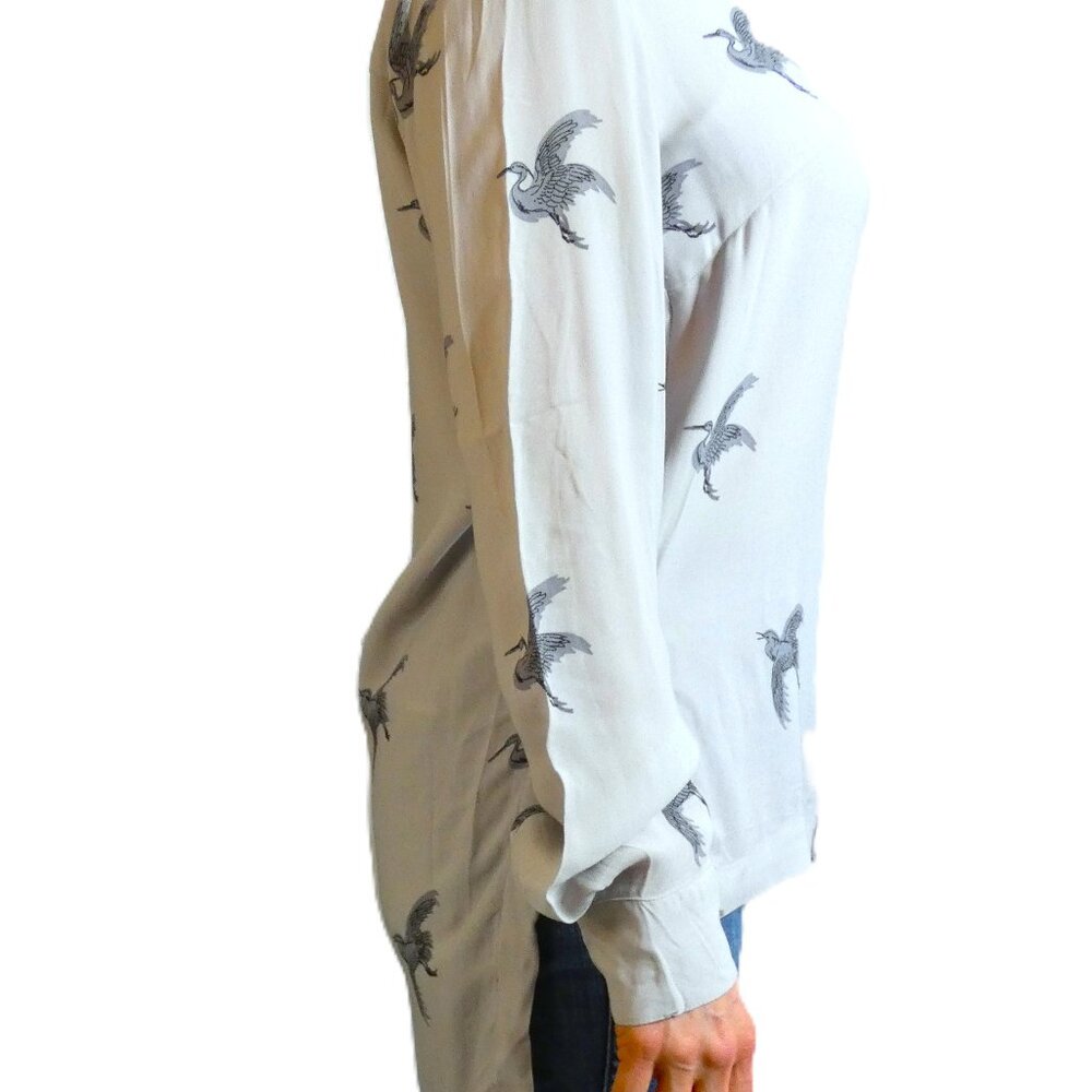 Great Plains Blouse Women Size S Gray Cranes Birds Designer Top Long Sleeve - Picture 6 of 10
